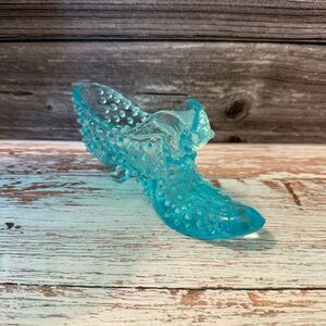 Vintage Fenton Glass Aqua Blue Hobnail Cats Head Slipper Shoe